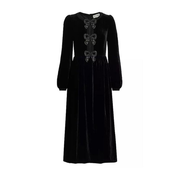 Saloni Camille Bow Embellished Velvet Midi Dress - Picture 2 of 5